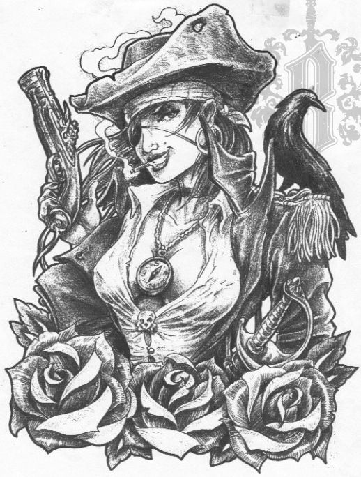 Grey Ink Pirate Girl With Roses Tattoo Design