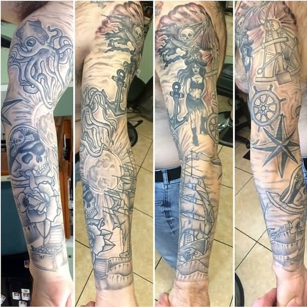 Grey Ink Pirate Girl With Skull And Ship Tattoo On Full Sleeve