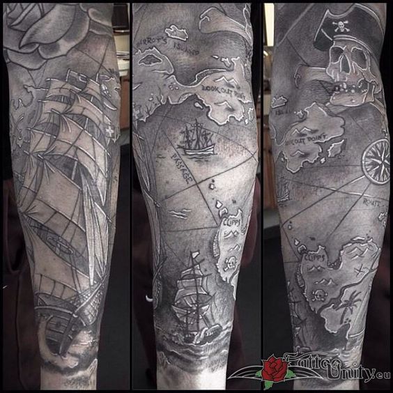 Grey Ink Pirate Map With Ship Tattoo Design For Sleeve