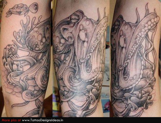 Grey Ink Pirate Octopus Tattoo Design For Half Sleeve
