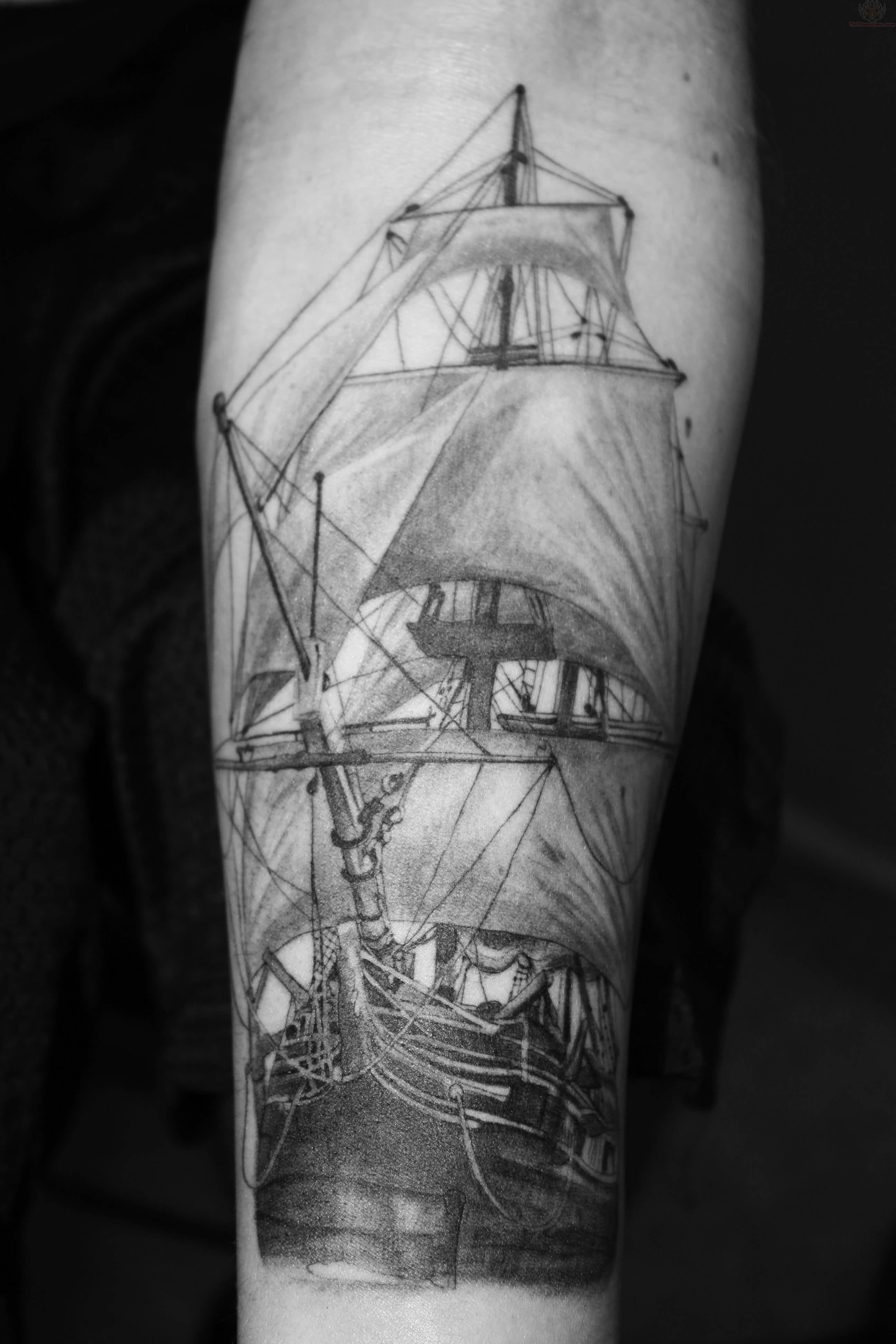 Grey Ink Pirate Ship Tattoo Design For Forearm