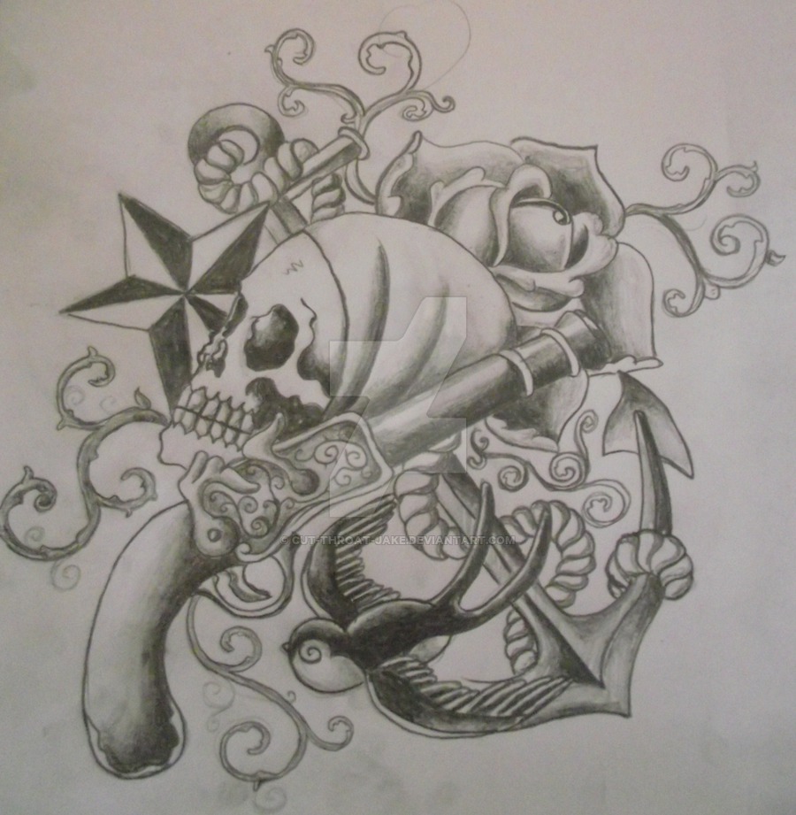 Grey Ink Pirate Skull With Gun And Anchor Tattoo Design By Cut Throat Jake