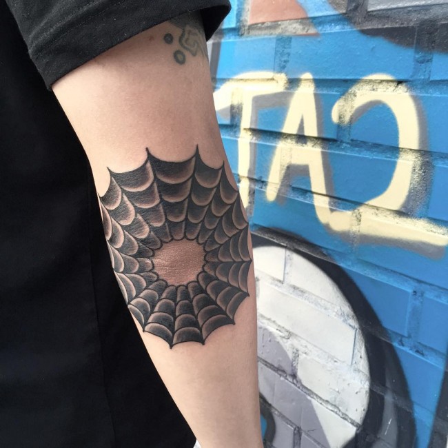 Grey Ink Spider Web Elbow Tattoo For Men