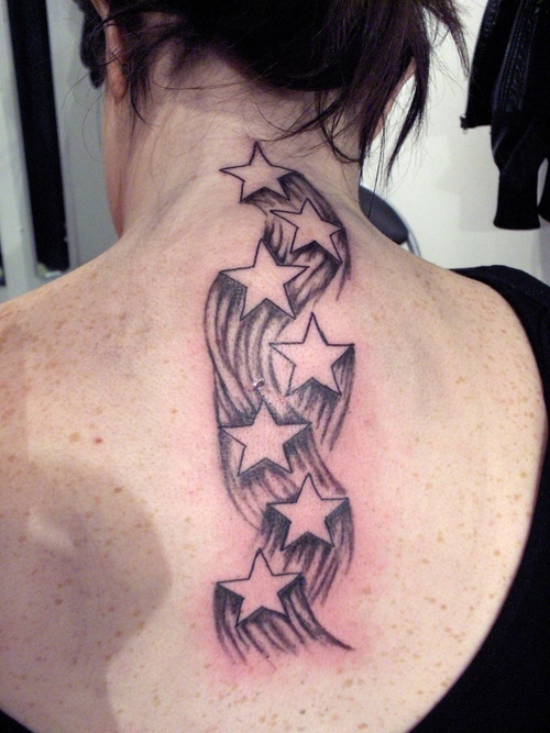 Grey Ink Star Tattoos On Upper Back