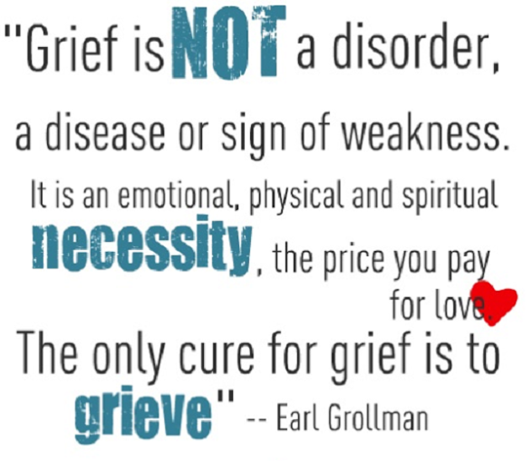 Grief is not a disorder, a disease or a sign of weakness. It is an emotional, physical and spiritual necessity, the price you pay for love. The only cure for grief is to grieve. Earl Grollman