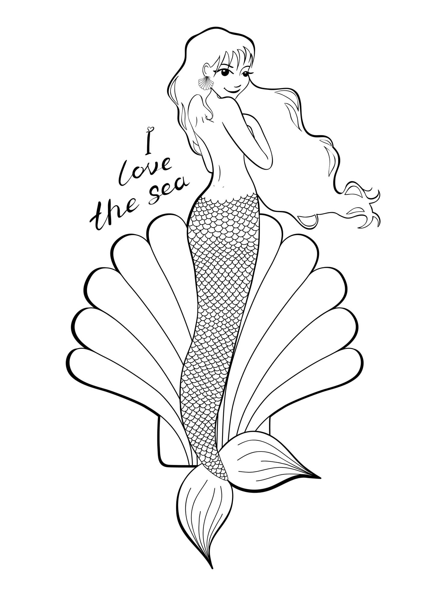 I Love The Sea - Black Outline Mermaid With Shell Tattoo Stencil