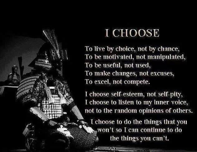 I choose to live by choice not by chance, to make changes not excuses, to be motivated not manipulated, to be useful not be used, to excel not compete...