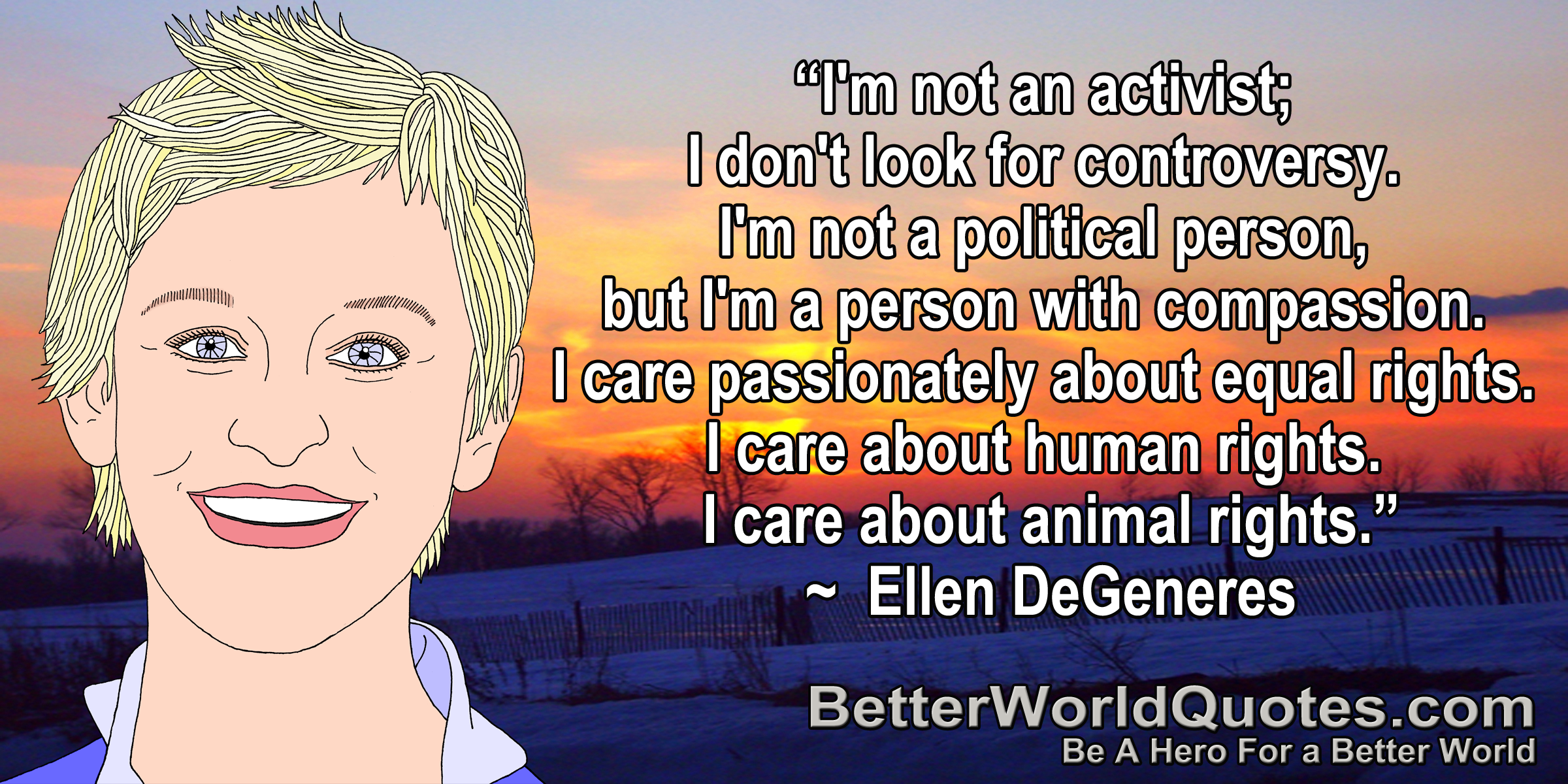 I'm not an activist; I don't look for controversy. I'm not a political person, but I'm a person with compassion. I care passionately about equal rights. I care about.. Ellen DeGenres
