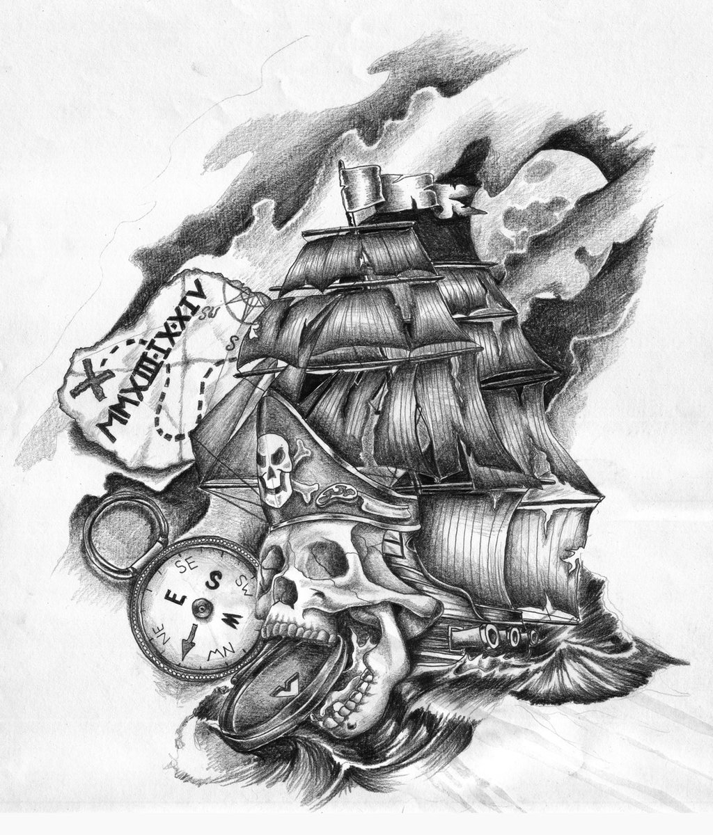 Impressive Black And Grey Pirate Skull With Ship Tattoo Design
