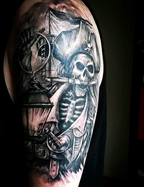 Impressive Black Ink Pirate Skeleton Tattoo Design For Half Sleeve