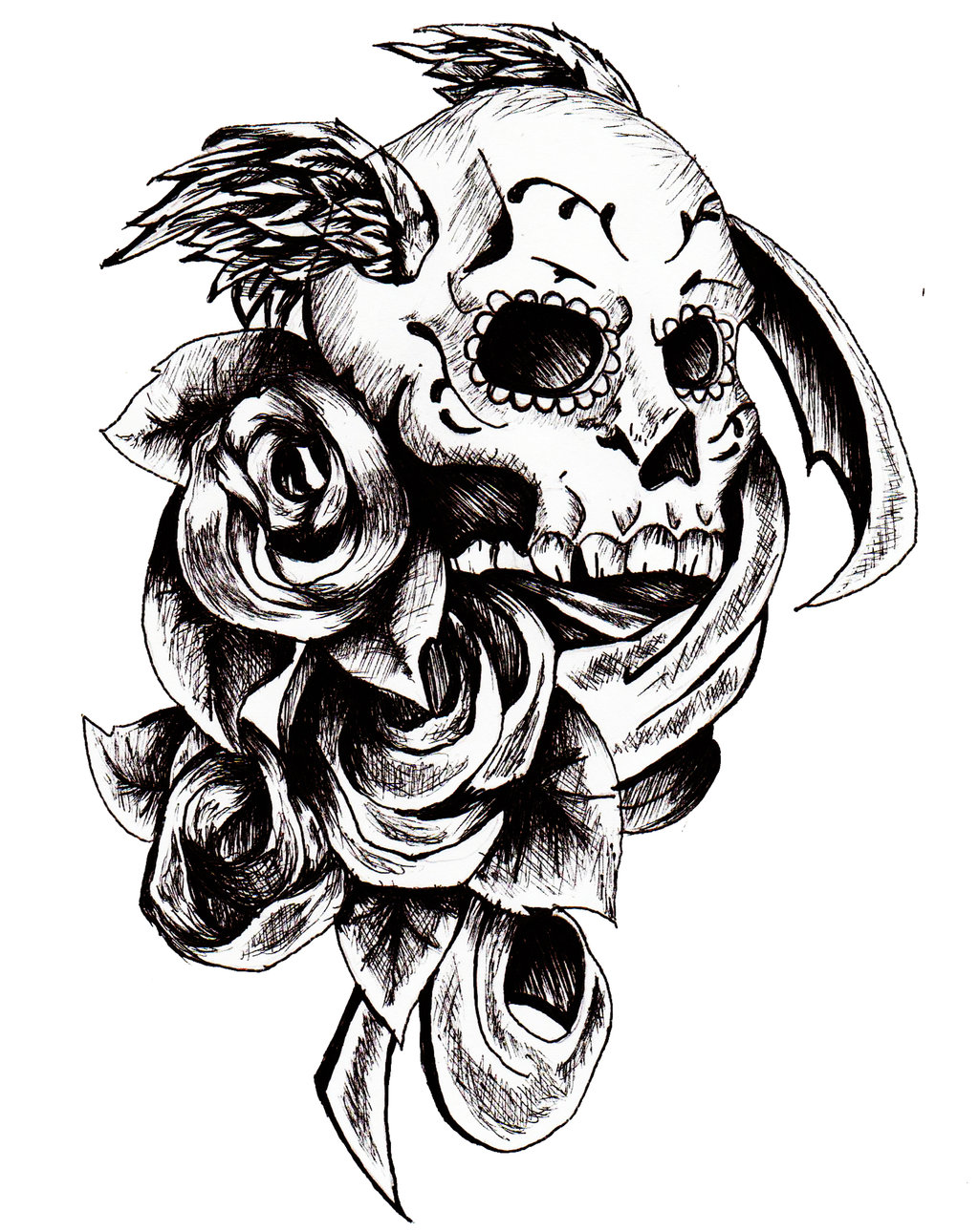Impressive Black Ink Pirate Skull With Roses Tattoo Design By AmitchDesigns