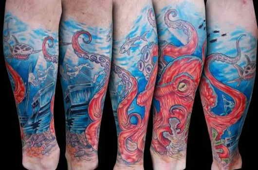 Impressive Colorful Octopus Tattoo Design For Leg Calf
