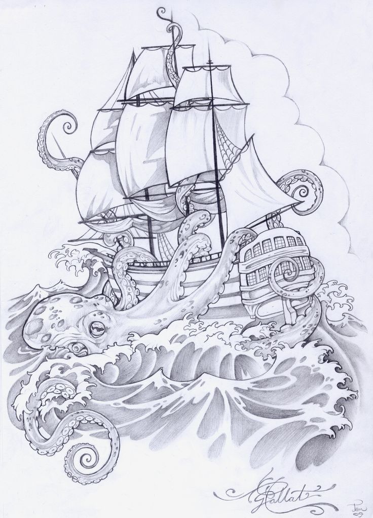 Impressive Pirate Ship With Octopus Tattoo Design By Pallat