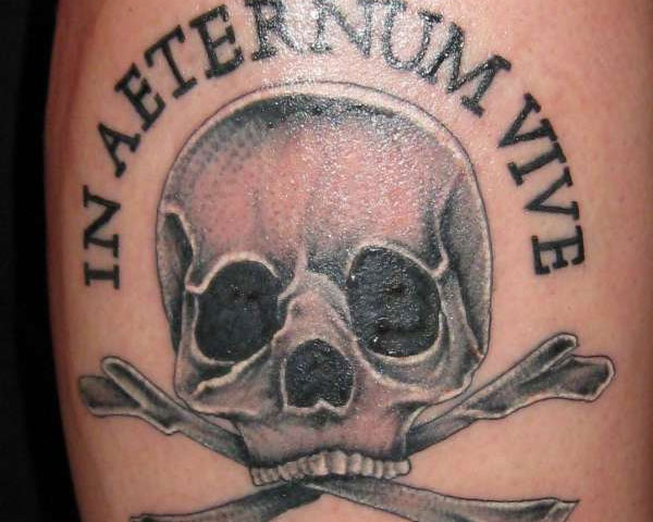 In Aeternum Vive - Black And Grey 3D Pirate Skull Tattoo Design For Shoulder