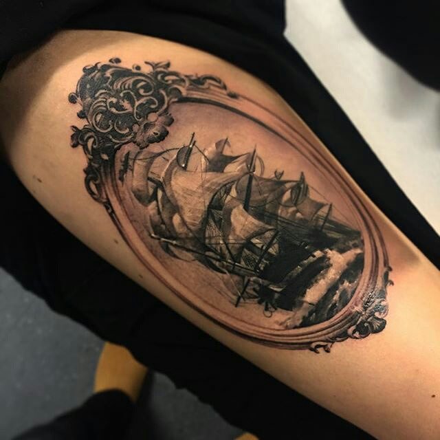 Inspiring Black And Grey 3D Pirate Ship In Frame Tattoo Design For Half Sleeve