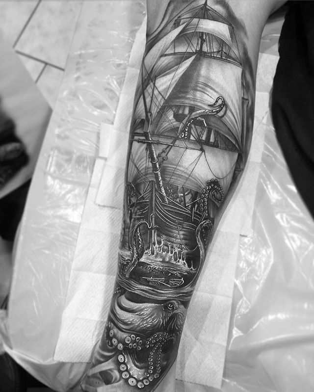 Inspiring Grey Ink 3D Pirate Ship With Octopus Tattoo Design For Sleeve
