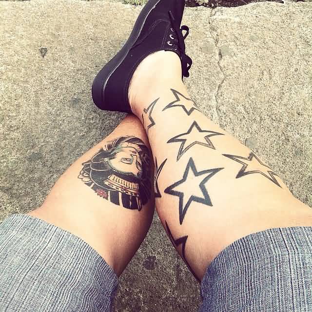Large Outline Star Tattoos On Leg