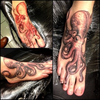 Latest Black And Grey Octopus Tattoo On Right Foot