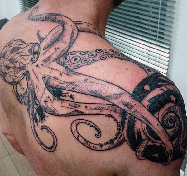 Latest Black Ink Octopus Tattoo On Man Upper Back
