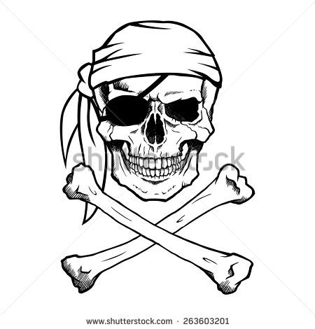 Latest Black Outline Pirate Skull With Crossbone Tattoo Design