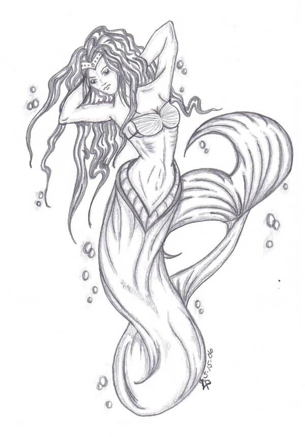 Latest Grey Ink Mermaid Tattoo Design