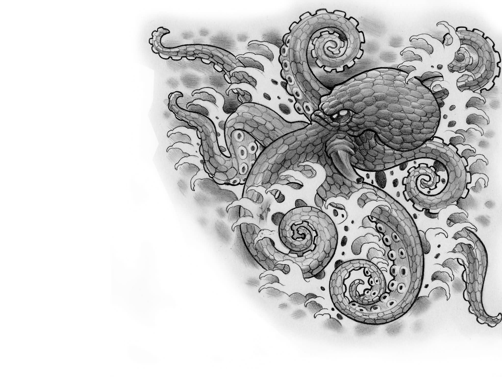 Latest Grey Ink Octopus Tattoo Design