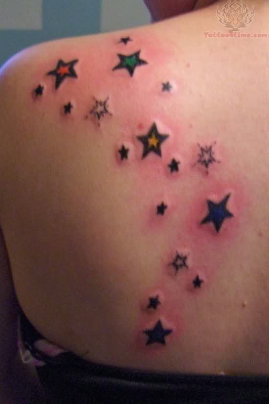 Left Back Shoulder Colored Star Tattoos