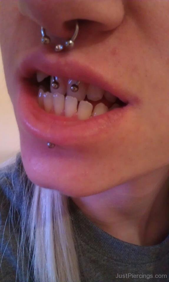 Lower Lip, Septum And Smiley Piercing For Girls.