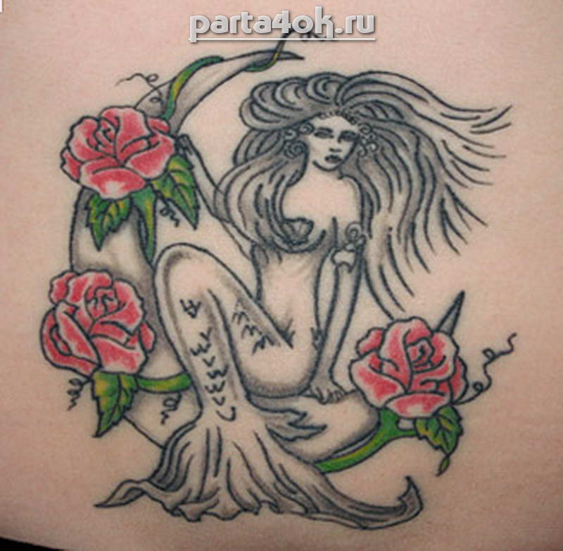 Mermaid On Half Moon With Roses Tattoo Design