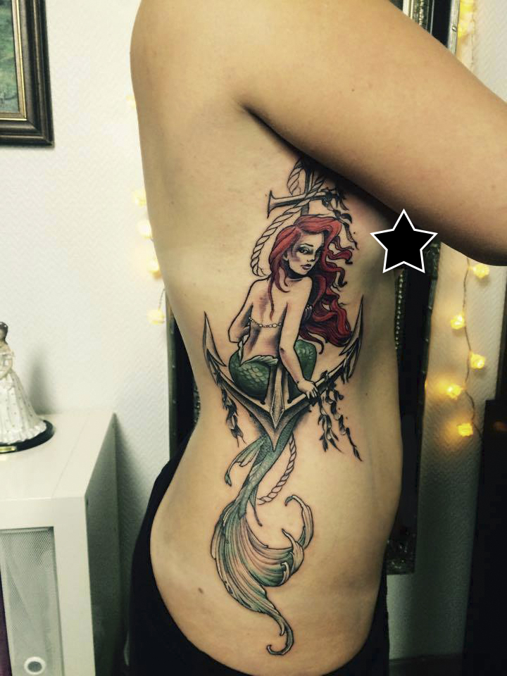 Mermaid With Anchor Tattoo On Right Side Rib