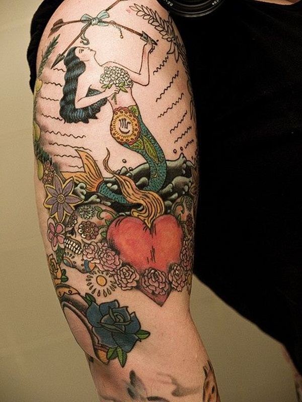 Mermaid With Heart And Sugar Skull Tattoo On Right Half Sleeve