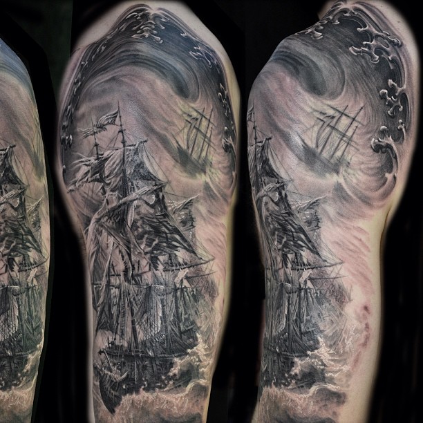Mind Blowing Grey Ink Pirate Ship Tattoo Design For Half Sleeve