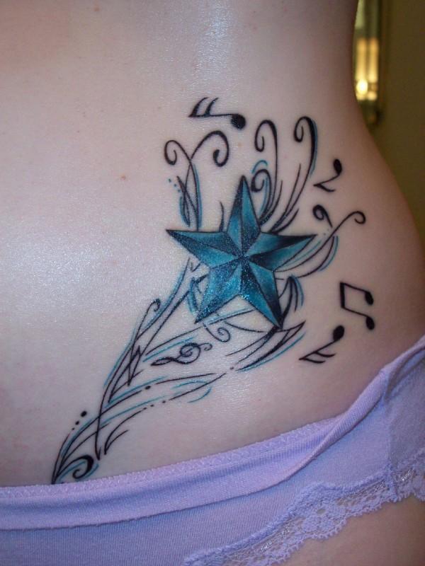 Nautical Star And Music Notes Tattoo On Hip