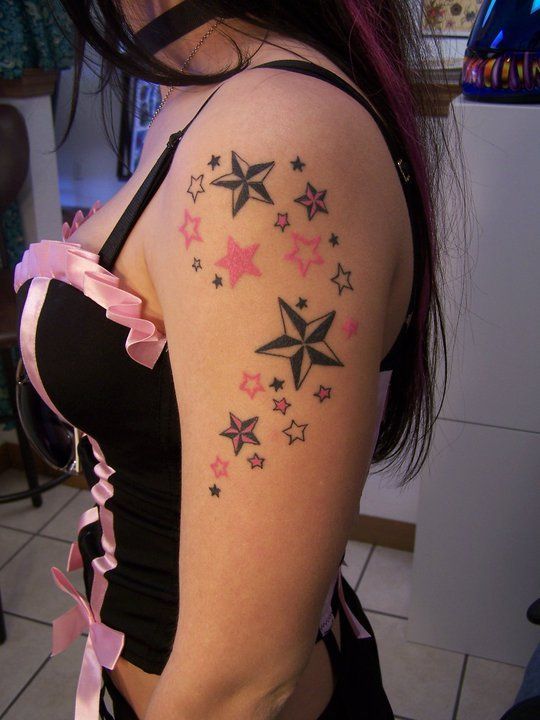 Nautical Star Tattoos On Girl Left Arm