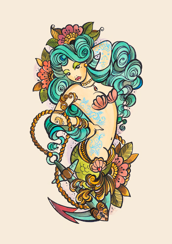 Neo Mermaid With Flowers And Anchor Tattoo Design