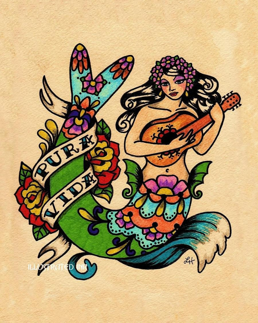 Neo Mermaid With Flowers And Banner Tattoo Design