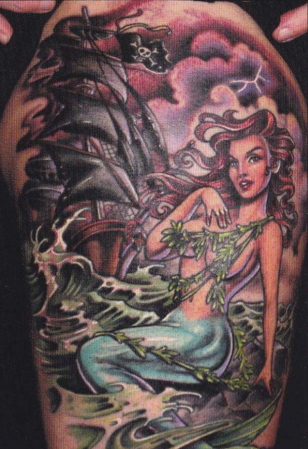 Neo Mermaid With Ship Tattoo Design For Half Sleeve