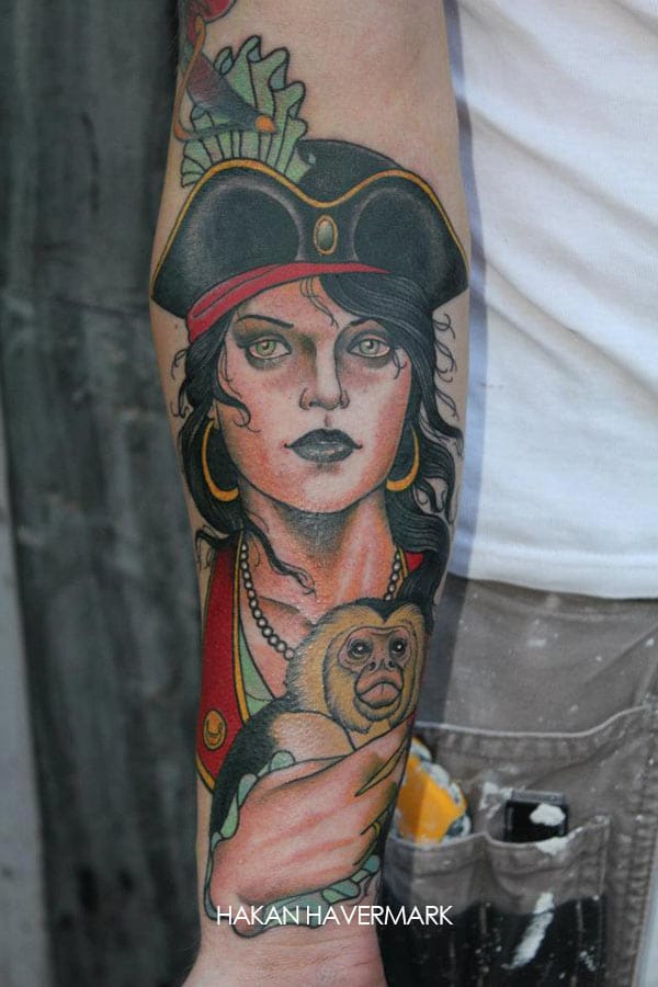 Neo Pirate Girl With Monkey Tattoo Design For Sleeve