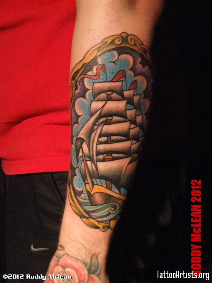 Neo Pirate Ship In Frame Tattoo On Left Arm By Roddy McLean