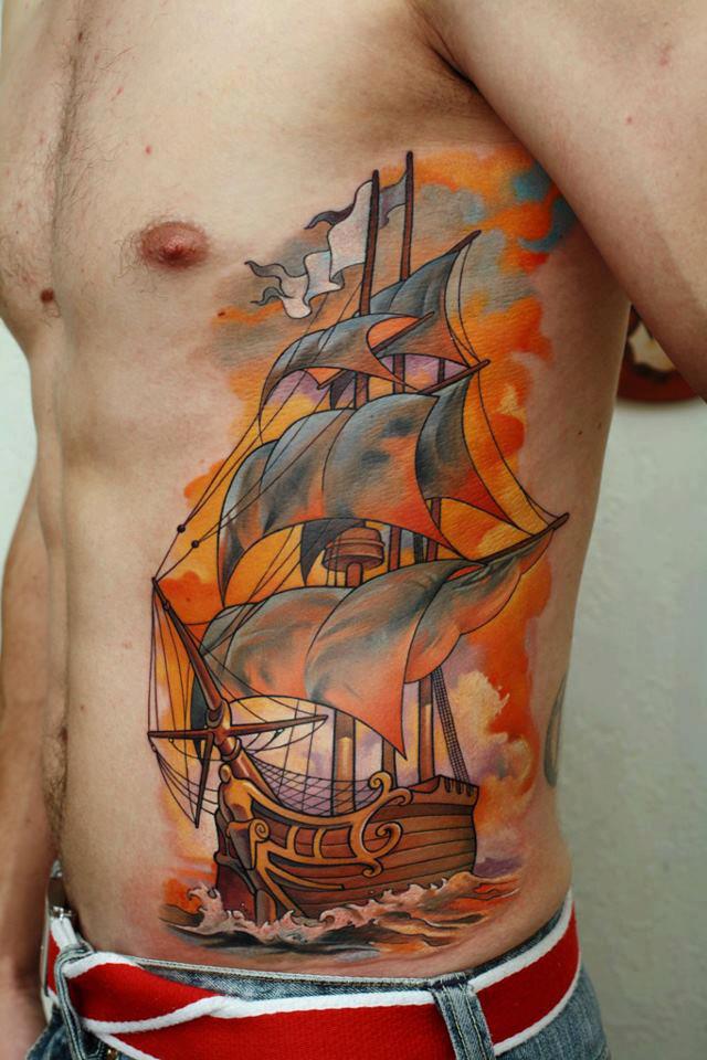 Neo Pirate Ship Tattoo On Man Left Side Rib