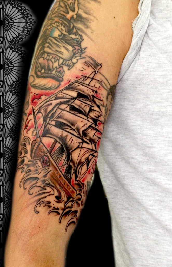 Neo Pirate Ship Tattoo On Right Forearm