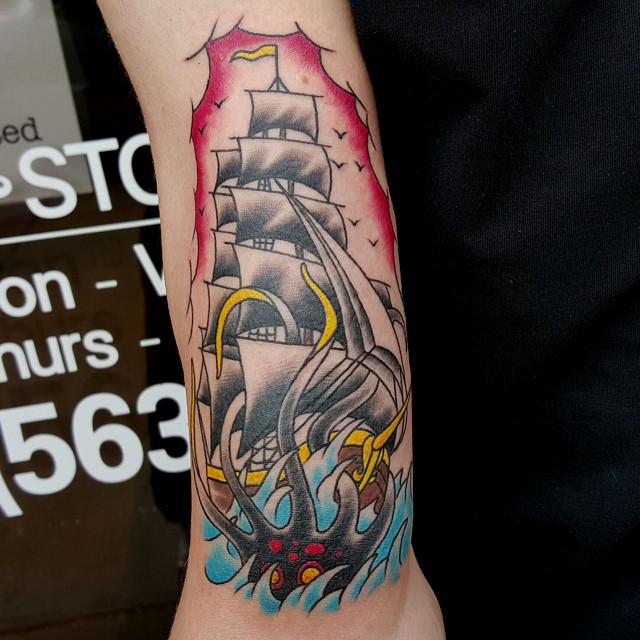 Neo Pirate Ship With Octopus Tattoo Design For Half Sleeve