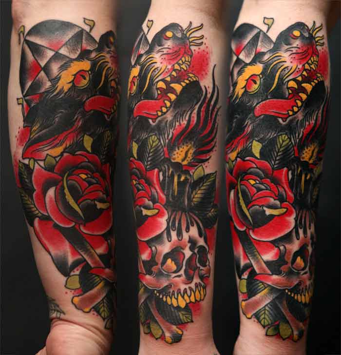 Neo Pirate Skull With Rose Tattoo Design For Arm