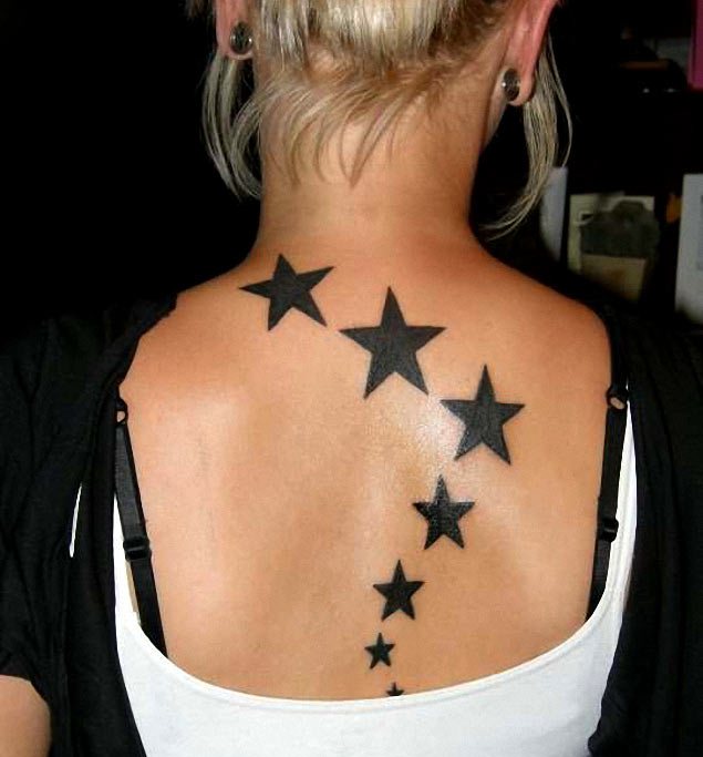 Nice Black Star Tattoos On Girl Upper Back