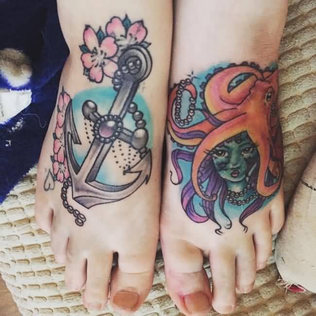 Octopus On Girl Head And Anchor Tattoo On Girl Feet