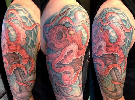 Octopus With Anchor Tattoo On Right Half Sleeve