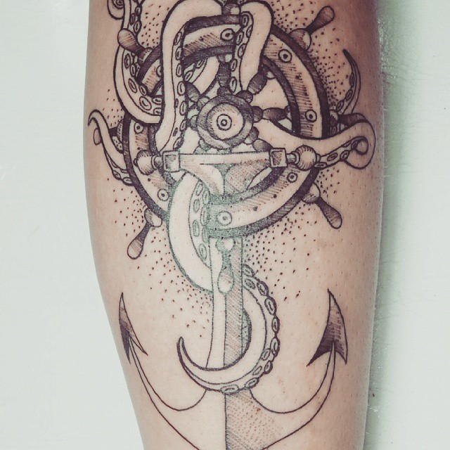 Octopus With Ship Wheel And Anchor Tattoo Design For Sleeve