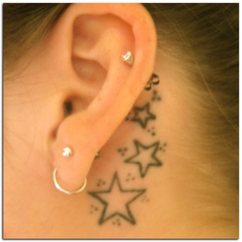 Outline Star Tattoos Behind The Ear For Young Girls