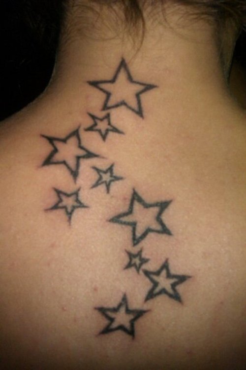 Outline Star Tattoos On Girl Back Body