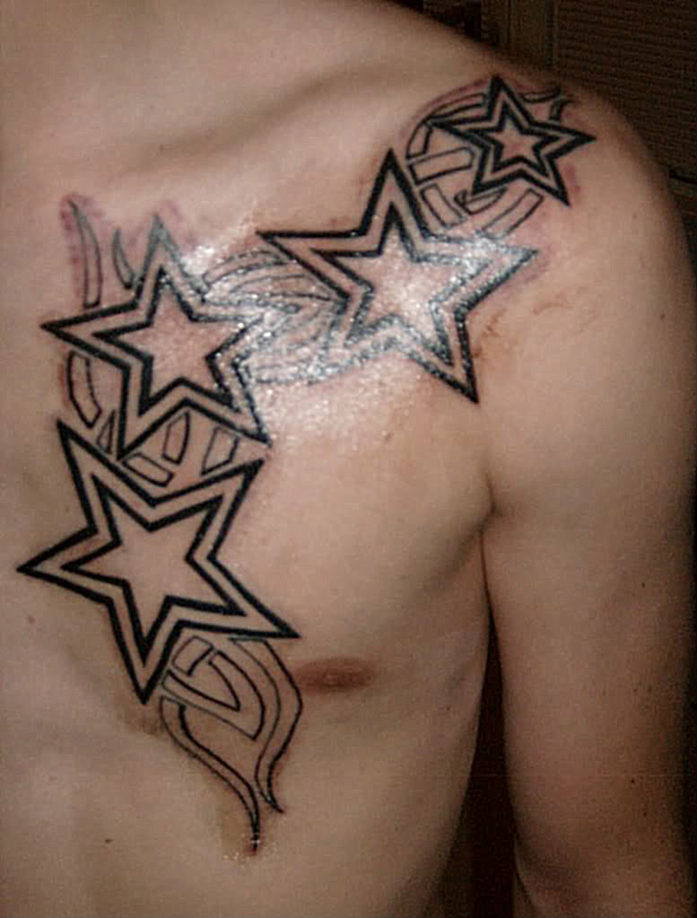 Outline Star Tattoos On Man Chest